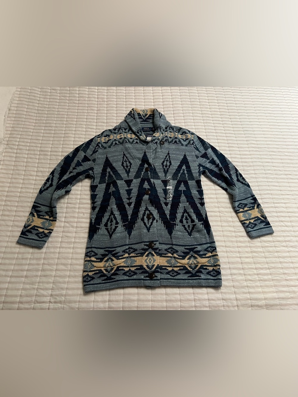 Ralph Lauren Blue and Navy Patterned Shawl-Collar Cardigan - Picture 3 of 9